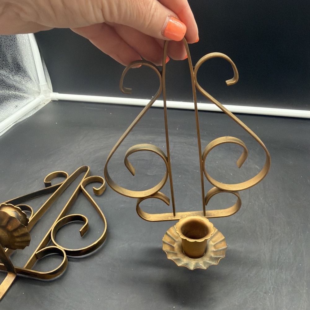 2 Vtg MCM Gold Tone Metal Wall Candle Holders Flower Sconce Retro Home Interior - Picture 6 of 8
